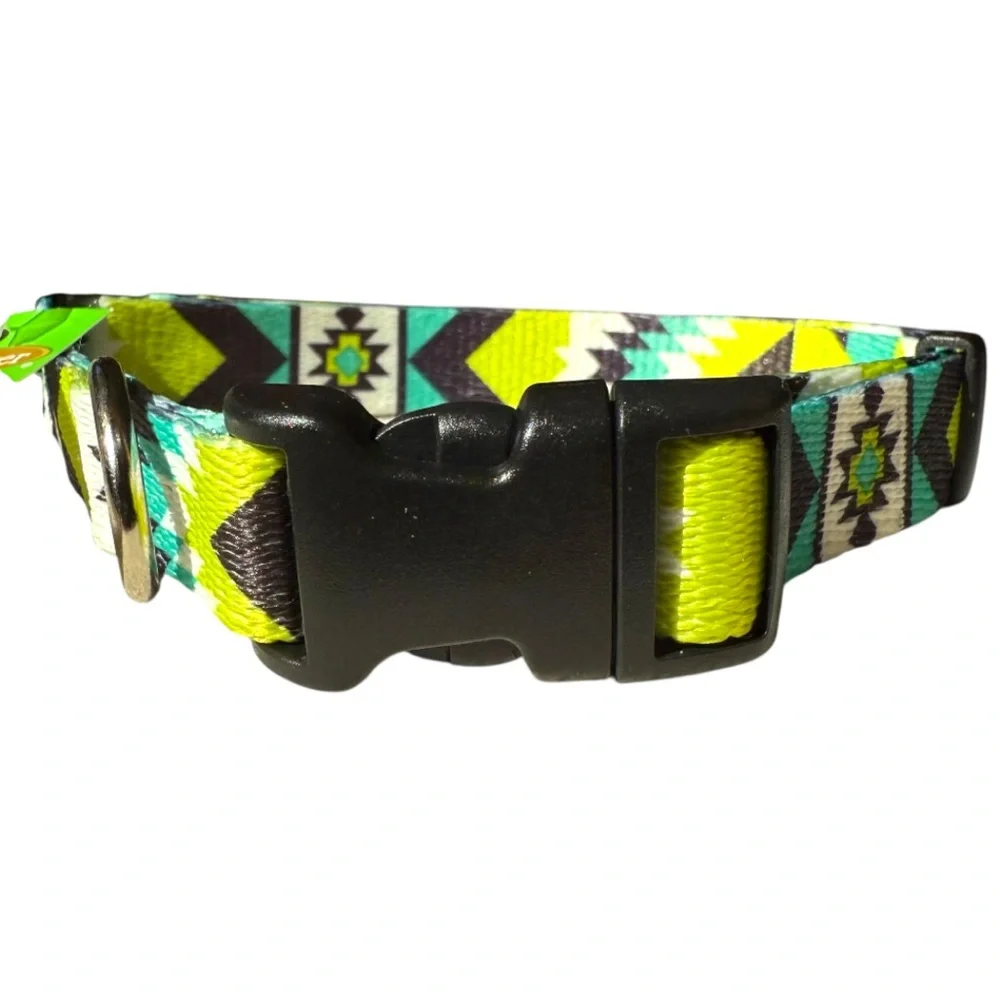 Southwestern Boho Teal/Lime Aztec Geometric Adjustable Dog Collar, Medium 18”